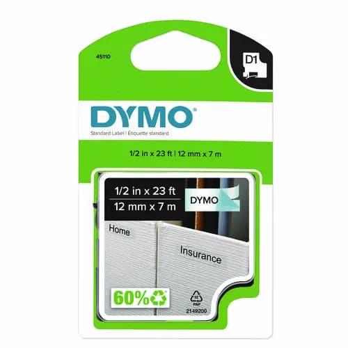 DYMO® D1 Standard Labels, 0.50" x 23 ft, Black Print on Clear Tape