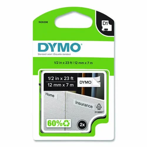 DYMO® D1 Standard Labels, 0.5" x 23 ft, Black Print on White Tape, 2/Pack