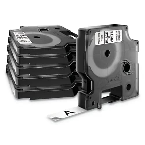 DYMO® D1 Standard Labels, 0.5" x 23 ft, Black Print on White Tape, 6/Pack