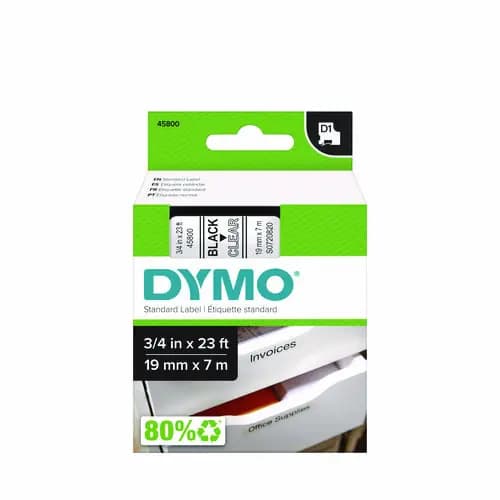 DYMO® D1 Standard Labels, 0.75" x 23 ft, Black Print on Clear Tape