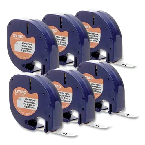 DYMO® LetraTag Paper Label Tape Cassettes, 0.5" x 13 ft, White, 6/Box