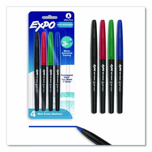 EXPO® Vis-a-Vis Wet Erase Marker, Fine Bullet Tip, Assorted Colors, 4/Set