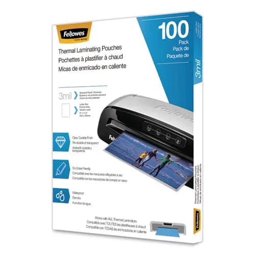 Fellowes® Laminating Pouches, 3 mil, 9" x 11.5", Gloss Clear, 100/Pack
