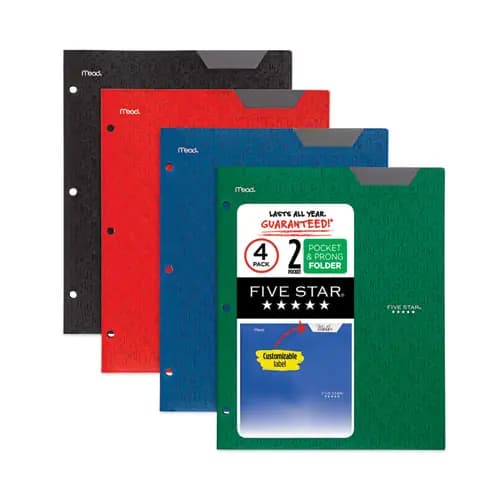 Five Star® Two-Pocket Stay-Put Plastic Folder, Assorted Colors, 4/Pack