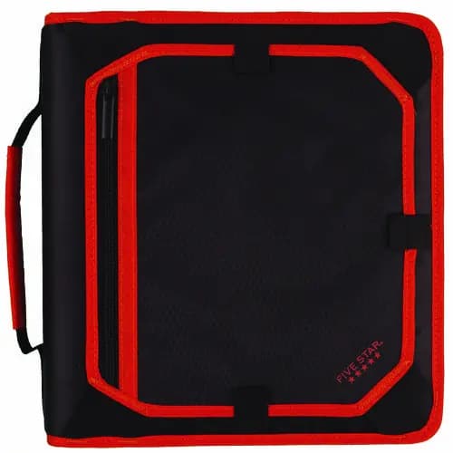 Five Star® Zipper Binder, 3-Ring, 2" Capacity, 11" x 8.5", Black with Red Accents