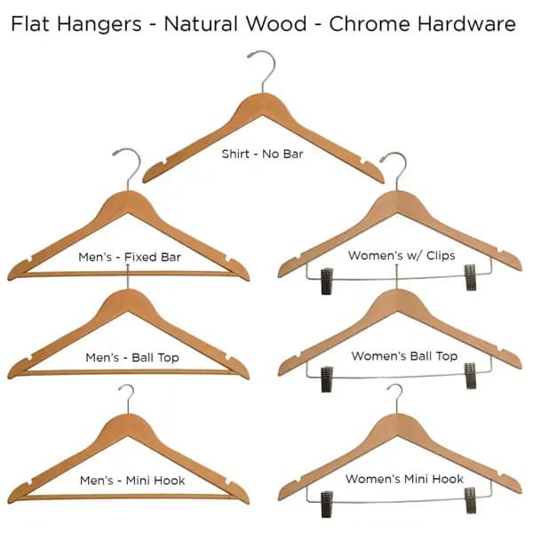 Flat Hangers – Multiple Styles – Natural/Chrome – Case of 100