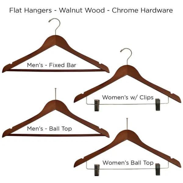 Flat Hangers – Multiple Styles – Walnut/Chrome – Case of 100