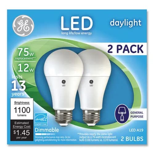 GE 75W LED Bulbs, A19, 12 W, Daylight, 2/Pack