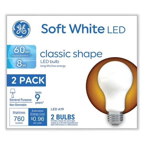 GE Classic LED Non-Dim A19 Light Bulb, 8 W, Soft White, 2/Pack