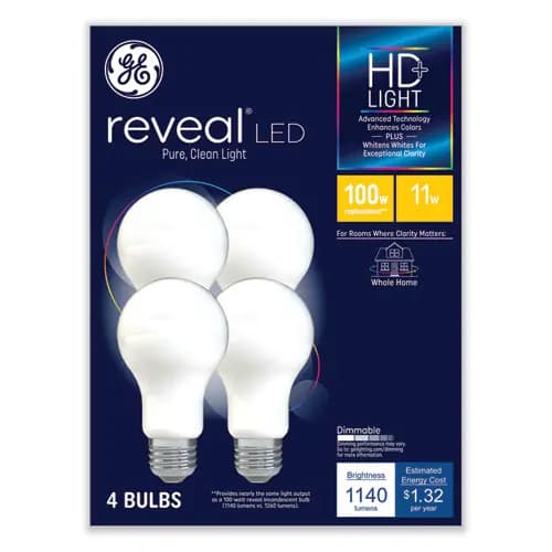 GE Reveal HD+ LED A19 Light Bulb, 11W, 4/Pack