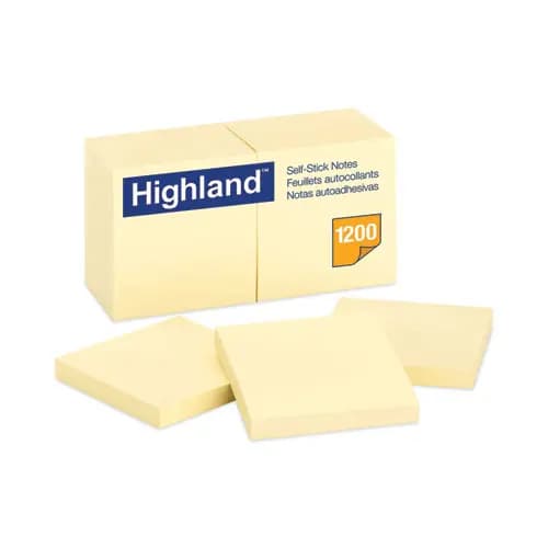 Highland™ Self-Stick Notes, 3" x 3", Yellow, 100 Sheets per Pad, 12 Pads per Pack