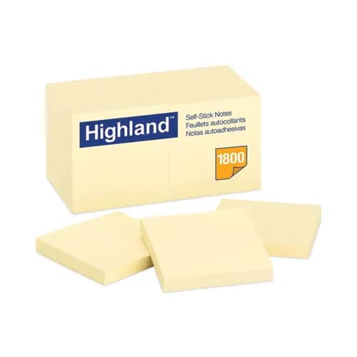 Highland™ Self-Stick Notes, Yellow, 3" x 3", 100 Sheets per Pad, 18 Pads per Pack