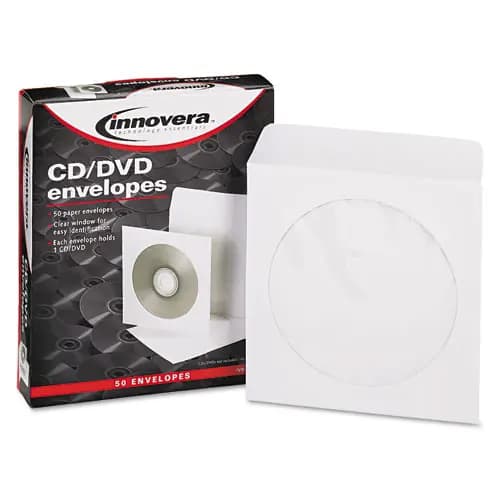 Innovera® CD/DVD Envelopes, Clear Window, 1 Disc Capacity, White, 50/Pack
