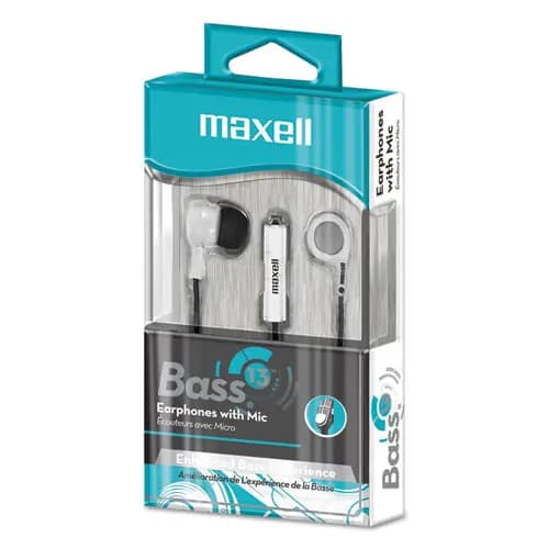 Maxell® B-13 Bass Earbuds with Microphone, 52" Cord, White