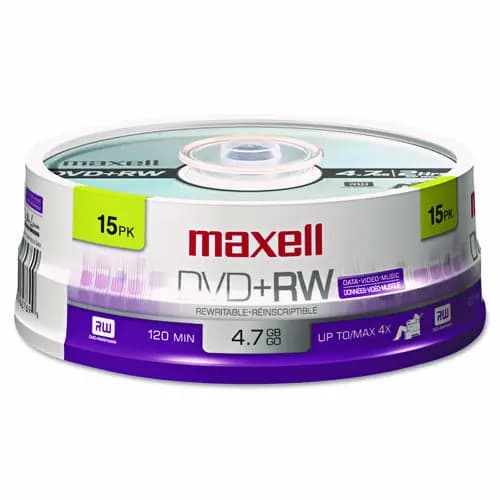 Maxell® DVD+RW Rewritable Disc, 4.7 GB, 4x, Spindle, Silver, 15/Pack