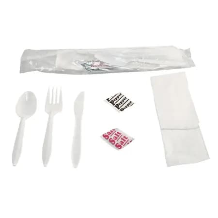 Mediumweight Individually Wrapped Cutlery Kit with Napkin, Salt & Pepper, White, 13" x 12"