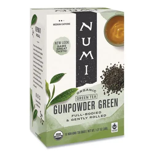 Numi® Organic Teas and Teasans, Gunpowder Green Tea, 18 Filterbags, 1.27 oz Box