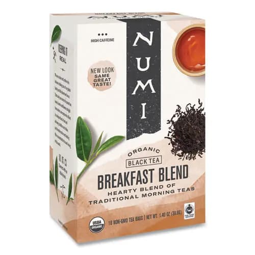Numi® Organic Teas and Teasans, Breakfast Blend, 18 Tea Bags, 1.4 oz Box