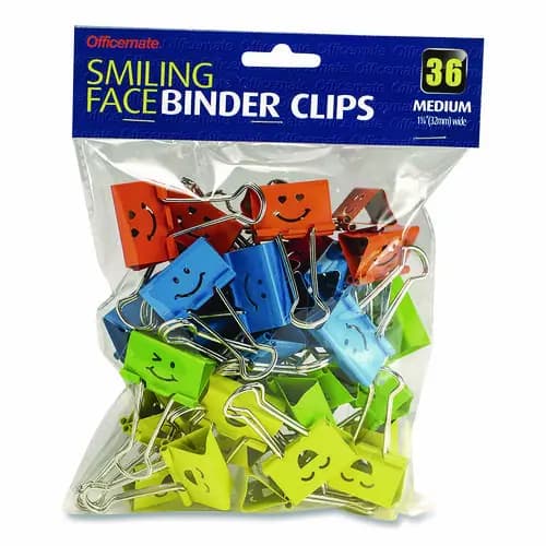 Officemate Smiling Face Binder Clips, Medium, Assorted Colors, 36/Pack