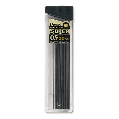 Pentel® Super Hi-Polymer Lead Refills, 0.5 mm, HB, Black, 30/Tube
