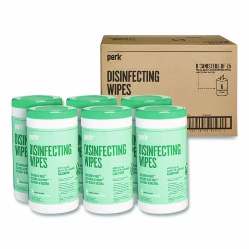 Perk™ Disinfecting Wipes, Fresh, 75 Wipes per Canister, 6 Canisters per Carton
