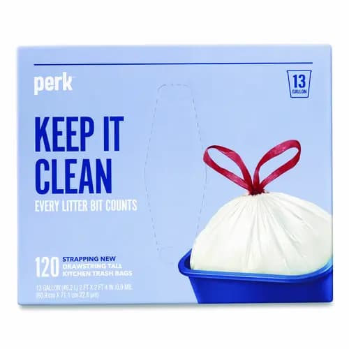 Perk™ Drawstring Tall Kitchen Trash Bags, 13 gal, White, 120/Box