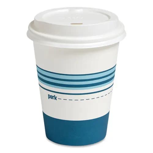 Perk™ Paper Hot Cup and Plastic Dome Lid Combo, 12 oz, White/Blue, 50/Pack
