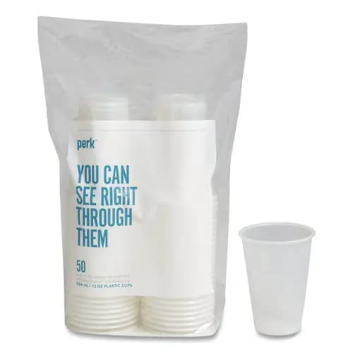 Perk™ Plastic Cold Cups, 12 oz, Clear, 50/Pack