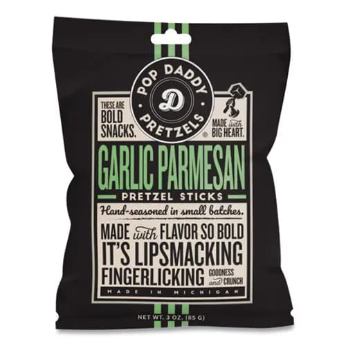 Pop Daddy Garlic Parmesan Pretzel Sticks, 3 oz Bag, 15/Carton
