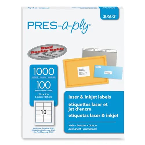 PRES-a-ply® Labels, Laser Printers, 2 x 4, White, 10/Sheet, 100 Sheets/Box