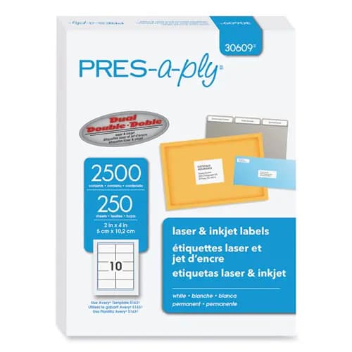 PRES-a-ply® Labels, Laser Printers, 2" x 4", White, 2500 Labels