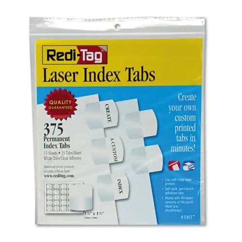 Redi-Tag® Laser Printable Index Tabs, 1/5-Cut, White, 1.13" Wide, 375/Pack