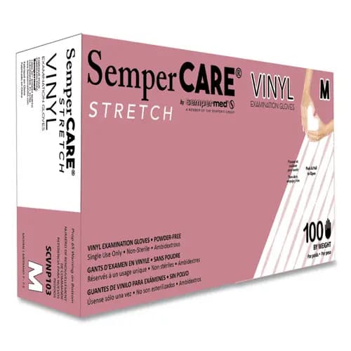 SemperCare® Stretch Vinyl Examination Gloves, Medium, Cream, 100/Box