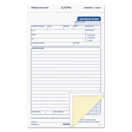 TOPS™ Job Work Order, Three-Part Carbonless, 50 Forms, 5.66 x 8.63