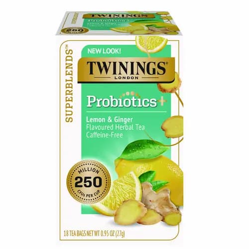 TWININGS® Probiotics Lemon and Ginger Herbal Tea Bags, 18 Count, 0.05 oz Each
