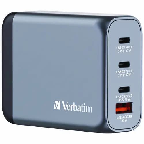 Verbatim® 100 W 4-Port GaN Wall Charger, Black/Gray
