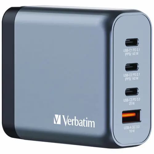 Verbatim® 140 W 4-Port GaN Wall Charger, Black/Gray