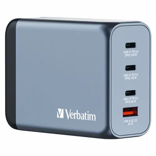 Verbatim® 200 W 4-Port GaN Wall Charger, Black/Gray