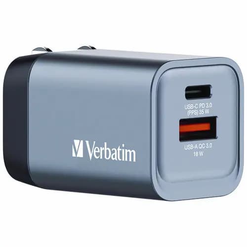 Verbatim® 35 W 2-Port GaN Wall Charger, Black/Gray