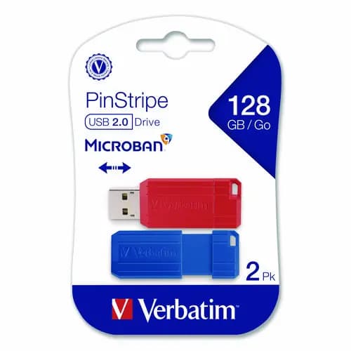 Verbatim® PinStripe USB 2.0 Flash Drive, 128 GB, Blue/Red, 2/Pack
