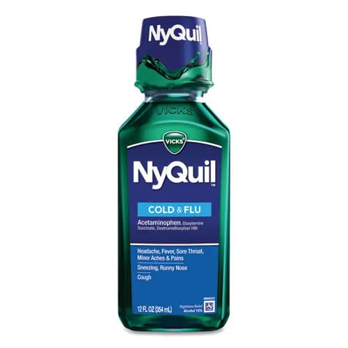 Vicks® NyQuil Cold and Flu Nighttime Liquid, 12 oz, 12 Bottles/Carton