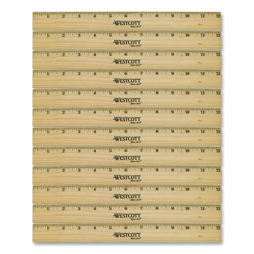 Westcott® Beveled Wood Ruler, Standard, 12" Long, Natural Hardwood, 12/Pack