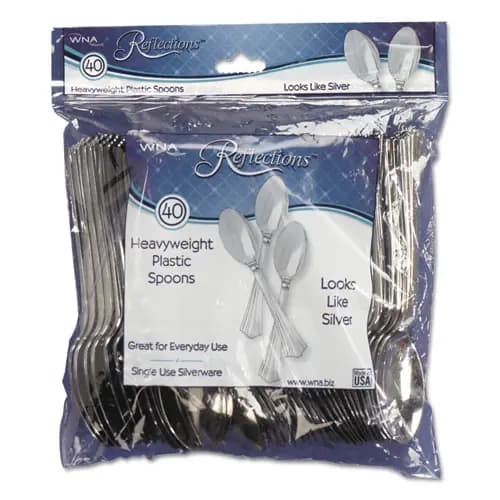 WNA Reflections Heavyweight Plastic Utensils, Spoon, Silver, 40/Pack