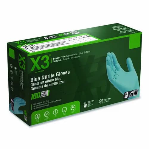 X3® by AMMEX® Industrial Nitrile Gloves, Large, Blue, 100/Box