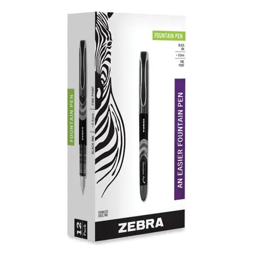 Zebra® Fountain Pen, Fine Point, 0.6 mm, Black Ink, Black/Gray Barrel, 12/Pack