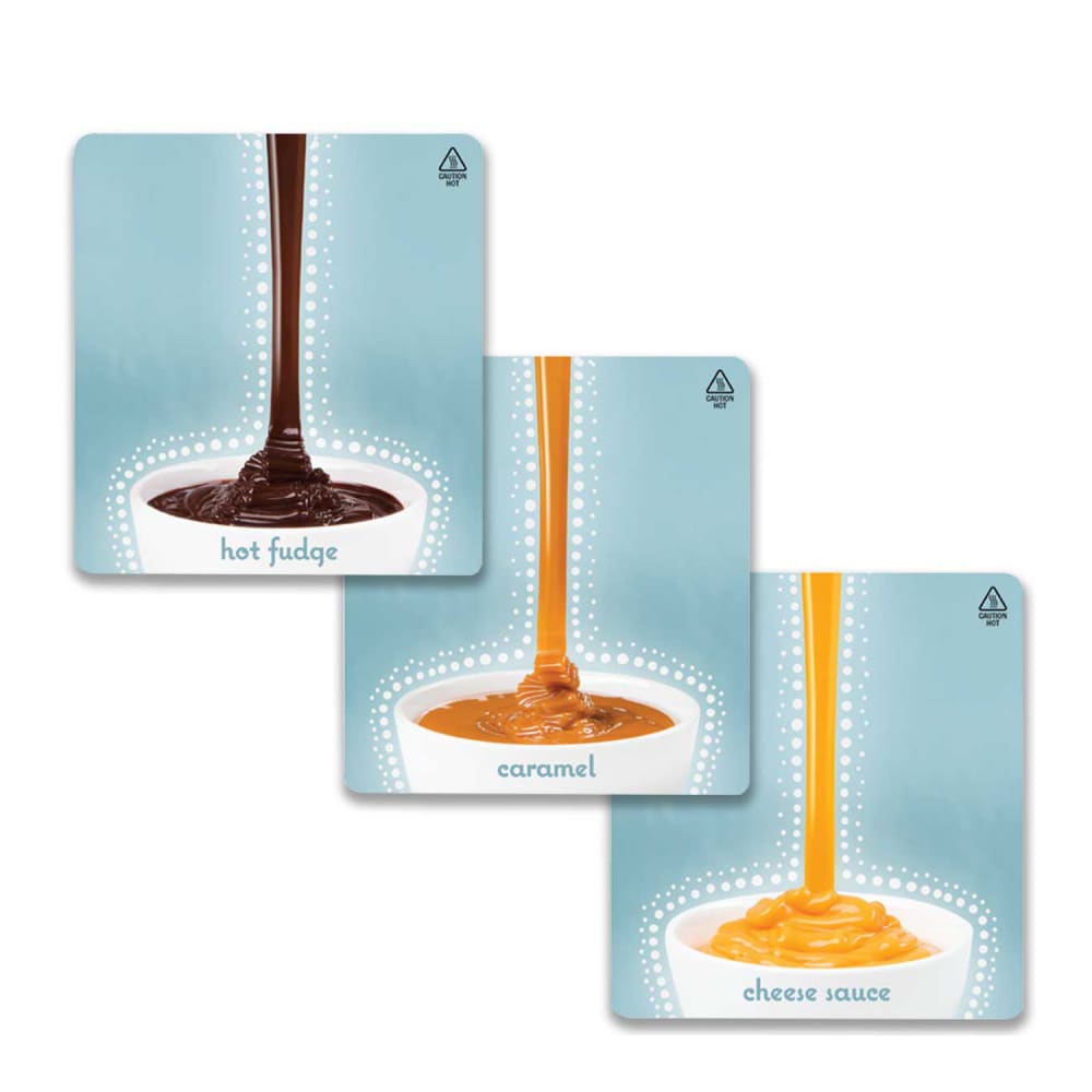 Server Magnetic Decal Set for Topping Warmers - Fudge, Caramel, & Cheese (86749)