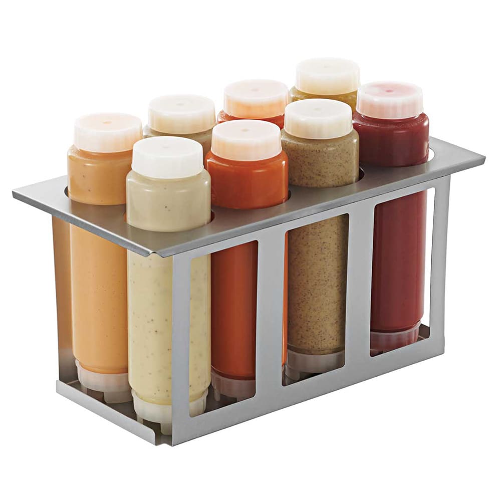 Server Squeeze Bottle Holder Set w/ 8 Bottles, Lids, Open Frame, Stainless (86996)