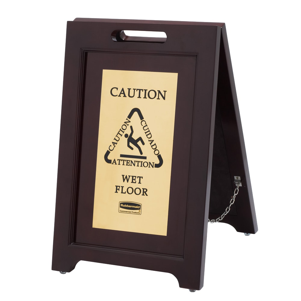 Rubbermaid 1867507 Executive Multi-Lingual Caution Sign - 2 Sided Wood/Gold