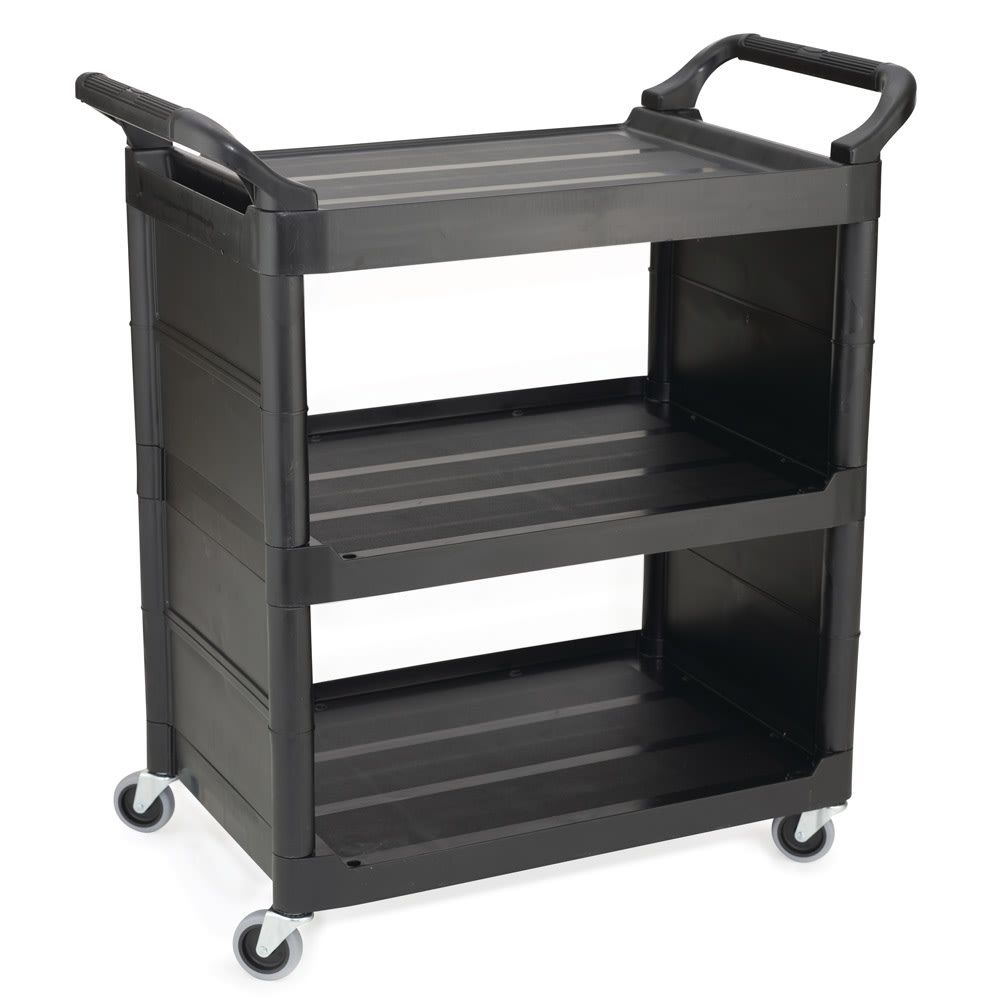 Rubbermaid FG342100BLA 33 5/8"L Polymer Bus Cart w/ (3) Levels, Shelves, Black