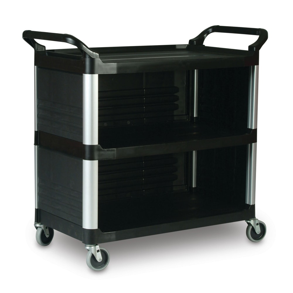 Rubbermaid FG409300BLA 40 5/8"L Polymer Bus Cart w/ (3) Levels, Shelves, Black